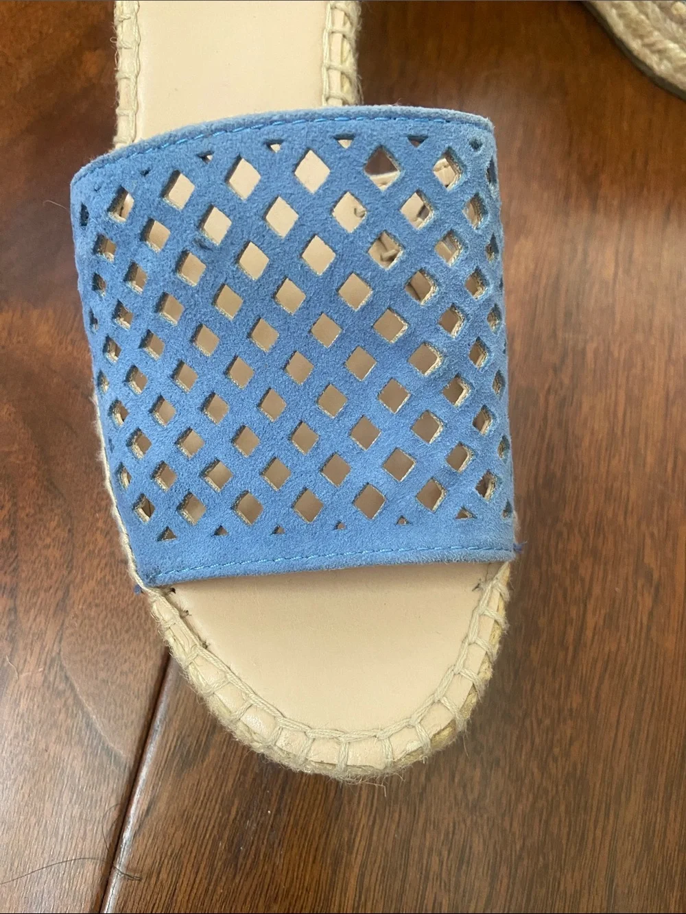 Franco Sarto Light Blue leather Espadrille Wedge Sandals with Ankle Strap.
